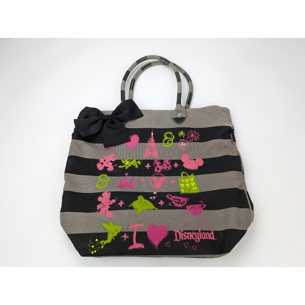 Disney Parks Tote Bag Canvas "I Love Disneyland" Black Gray Stripe Bow
